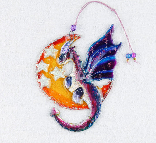 Dragon on the Moon with Stars Glass Wall Art – Handmade, Personalized Gift, Zodiac, Orange & Blue, 17 cm