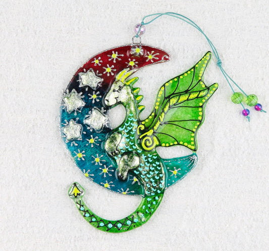 Dragon on the Moon with Stars Glass Wall Art – Handmade, Personalized Gift, Zodiac, Blue & Green, 17 cm