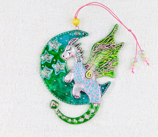 Dragon on the Moon with Stars Glass Wall Art - Handmade Personalized Gift - Zodiac Decor in Green & Pink - 17 cm