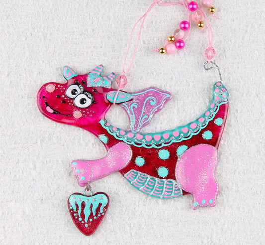 Dragon with Heart Glass Artwork - Hand-Painted, Personalized Home Decoration, Pink, 17 cm - Now