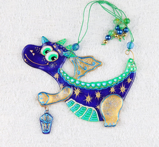 Dragon with Lantern Glass Artwork - Hand-Painted, Personalized Home Decoration, Blue, 17 cm - Now