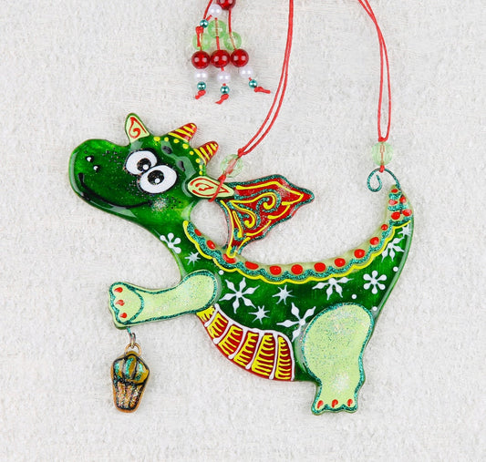 Dragon with Lantern Glass Artwork - Hand-Painted, Personalized Home Decoration, Green, 17 cm - Now