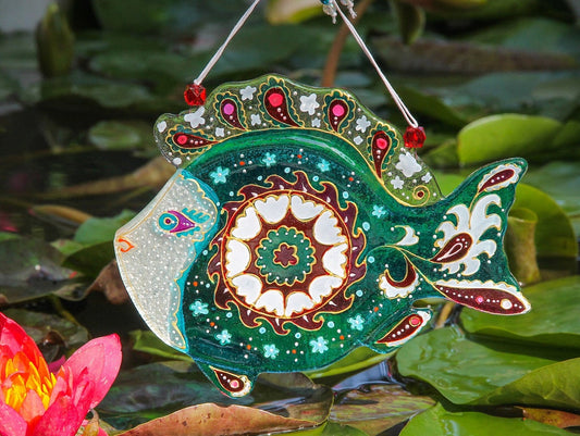 Harmony in Colors: Joyful Fish Glass Artwork - Hand-Painted, Personalized Home Decor, Blue, 18 cm - Now