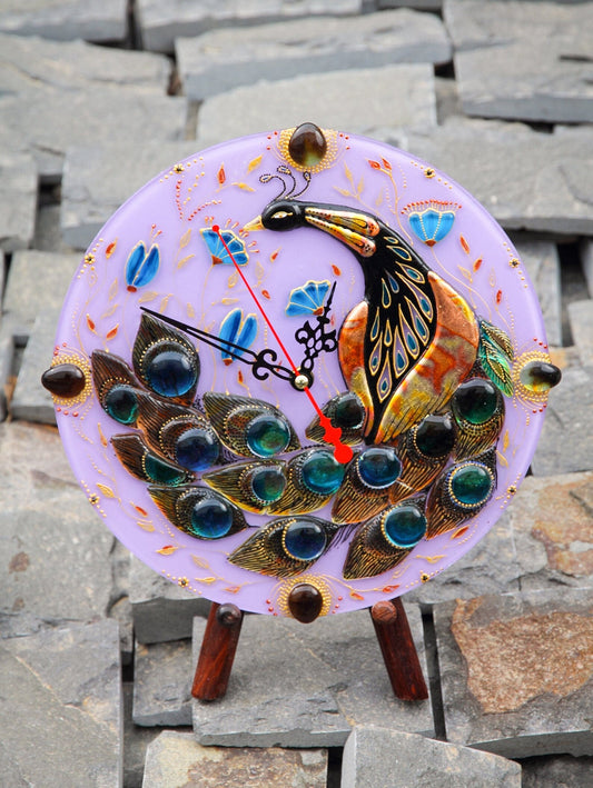 Gorgeous Peacock Glass Clock - Hand-Painted Fused-Glass Clock with Majestic Peacock Design, 30 cm