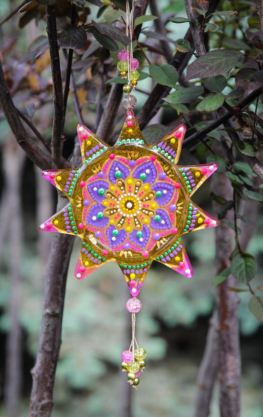 Handmade Mandala Symbol Talisman Glass Artwork - Yellow Suncatcher Spiritual Harmony and Personalized Design, 14 cm