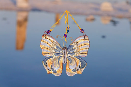 Elegant Blue & Gold Butterfly Glass Wall Art - Handmade, Personalized Decor, 14 cm - Now