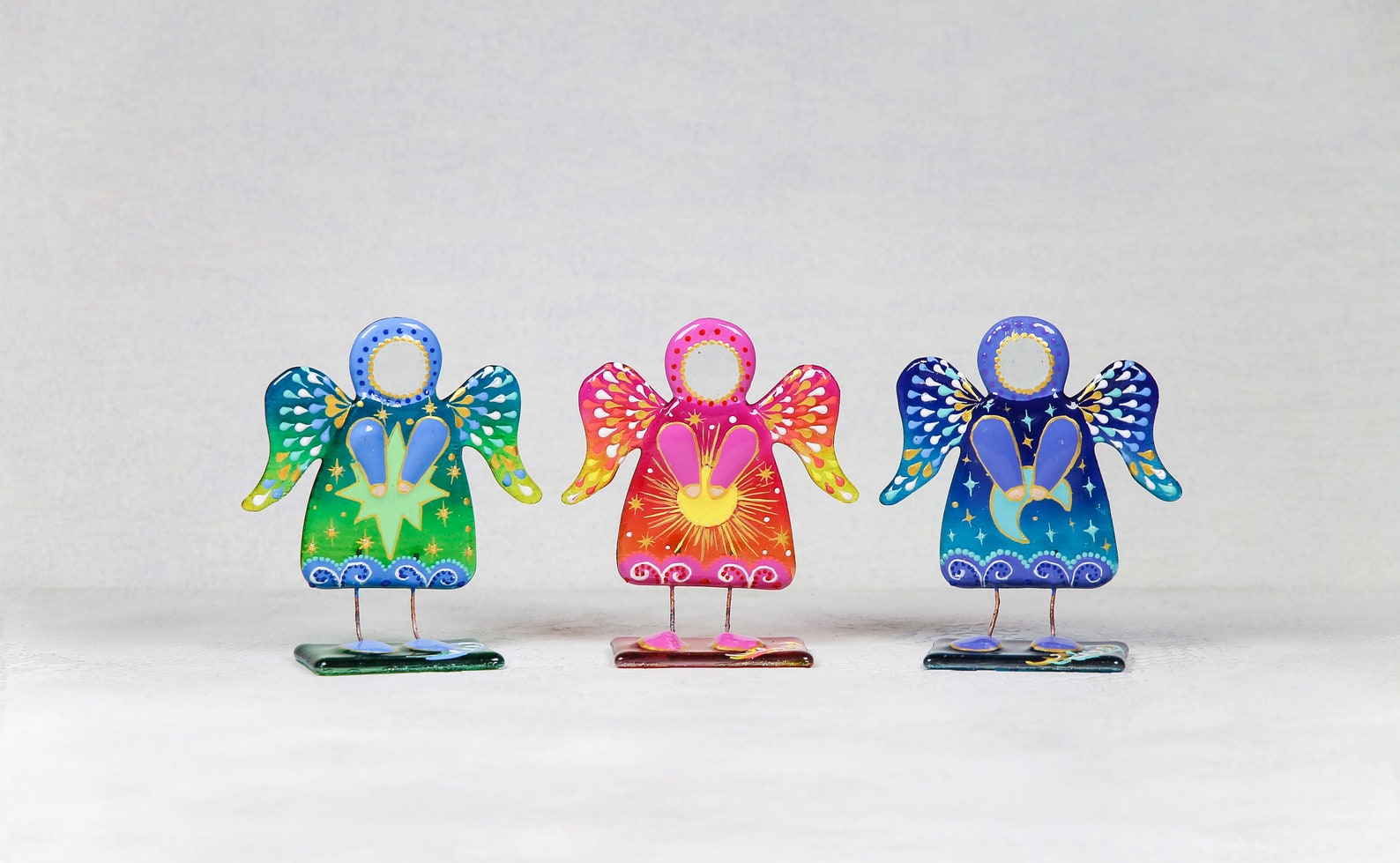 Solar, Lunar, and Star Guardian Angels Glass Wall Art - 11 cm Handcrafted Masterpieces