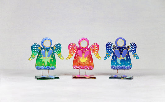Solar, Lunar, and Star Guardian Angels Glass Wall Art - 11 cm Handcrafted Masterpieces