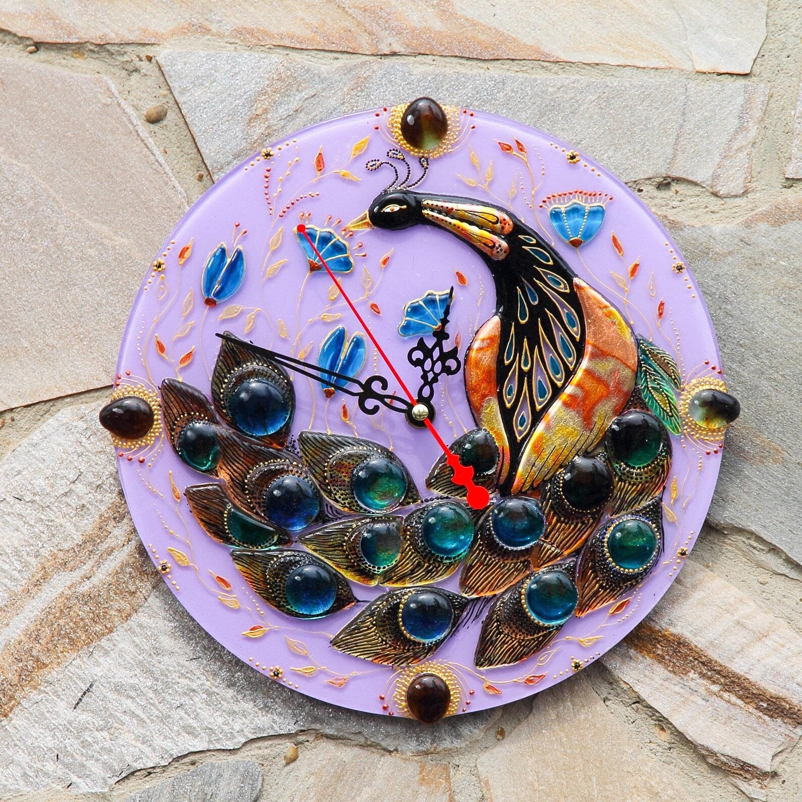 Gorgeous Peacock Glass Clock - Hand-Painted Fused-Glass Clock with Majestic Peacock Design, 30 cm