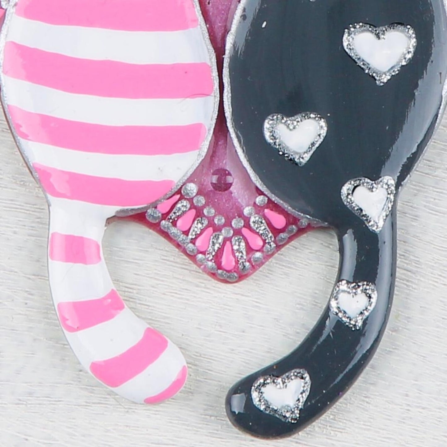 Handmade Cats on Pink Heart with Floral Patterns Glass Decoration - Pair of Cats in Love, 13 cm