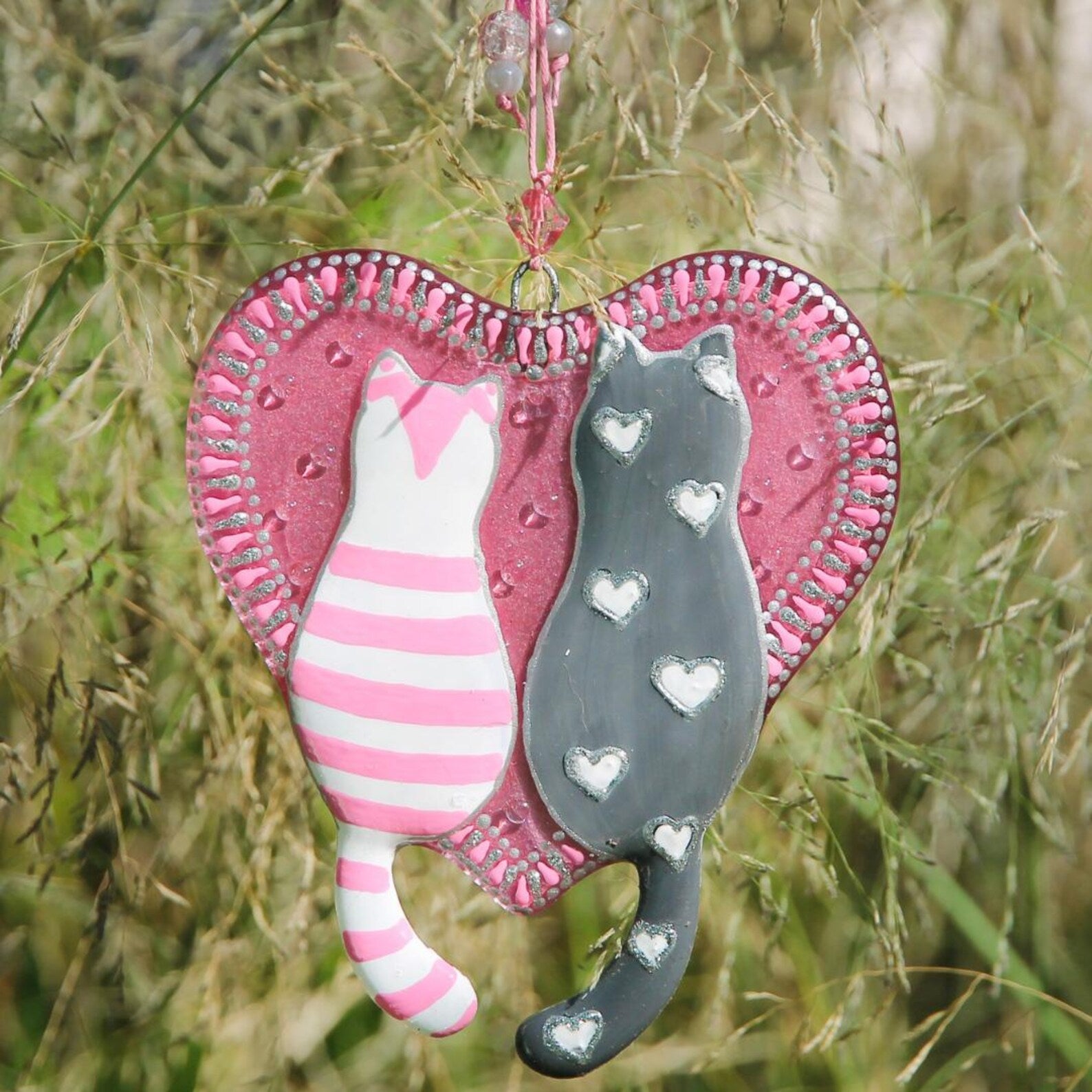 Handmade Cats on Pink Heart with Floral Patterns Glass Decoration - Pair of Cats in Love, 13 cm