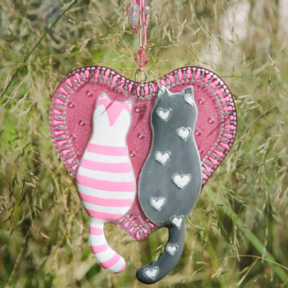Handmade Cats on Pink Heart with Floral Patterns Glass Decoration - Pair of Cats in Love, 13 cm