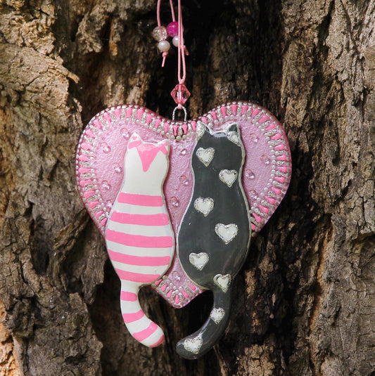 Handmade Cats on Pink Heart with Floral Patterns Glass Decoration - Pair of Cats in Love, 13 cm