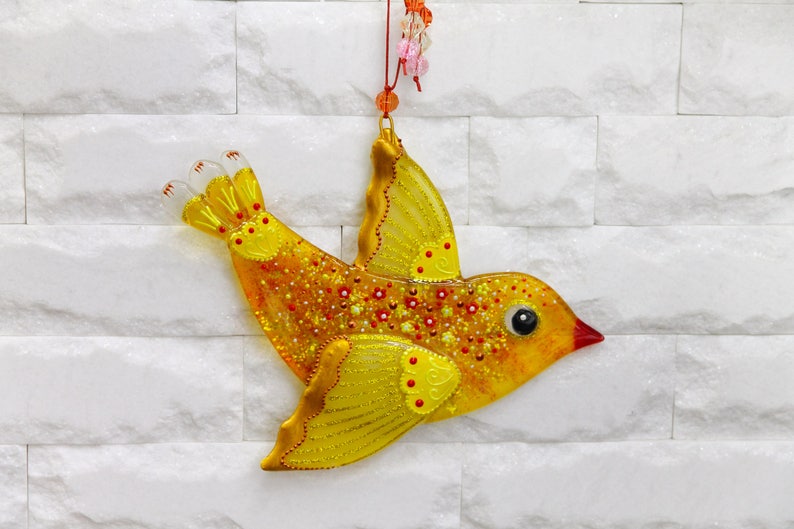 Splendid Bird, Symbol of Hope Glass Wall Art Hanging in Yellow