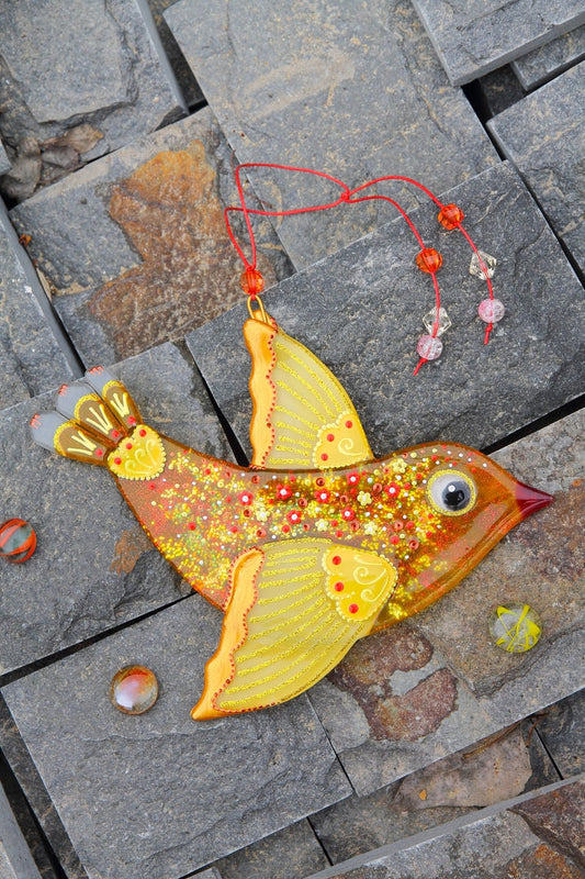 Splendid Bird, Symbol of Hope Glass Wall Art Hanging in Yellow