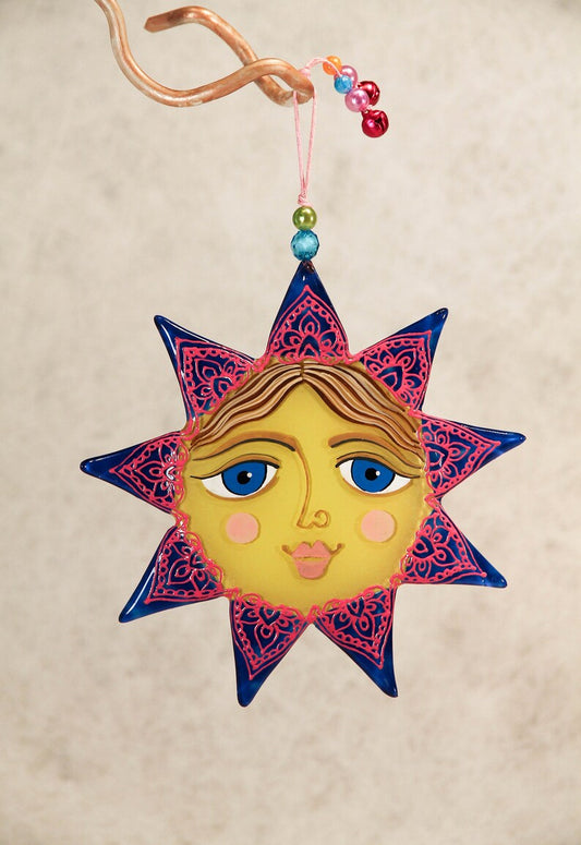 Hand-Painted Sun Symbol Talisman Glass Artwork - Yellow & Blue Suncatcher, 14 cm Diameter, Symbol of Renewal and Warmth