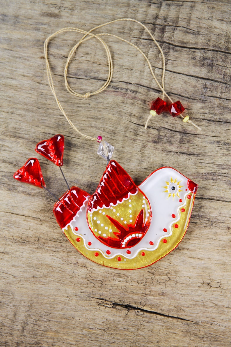 Funny Bird Glass Wall Art Hanging in White & Red 