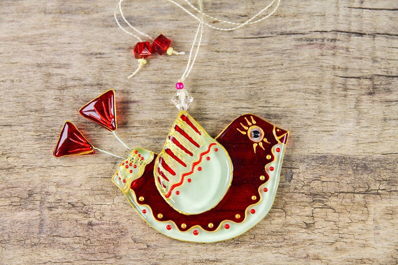 Funny Bird Glass Wall Art Hanging in Red 