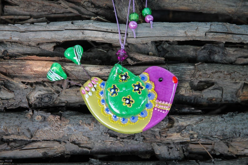 Funny Bird Glass Wall Art Hanging in Purple