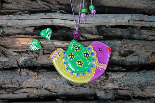 Funny Bird Glass Wall Art Hanging in Purple