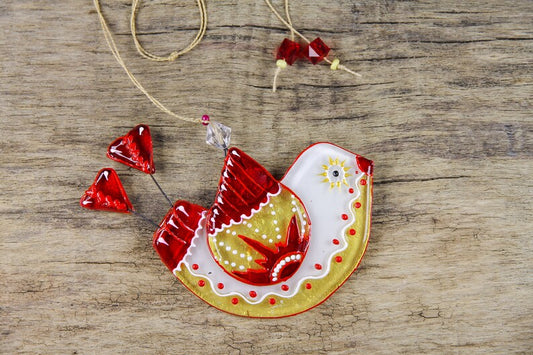 Funny Bird Glass Wall Art Hanging in White & Red 