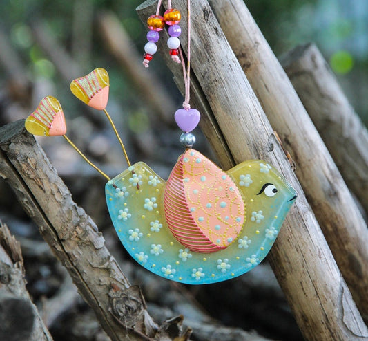 Funny Bird Glass Wall Art Hanging in Blue