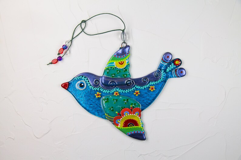 Charming Bird, Symbol of Hope Glass Wall Art Hanging in Red