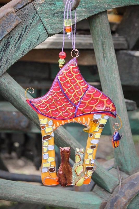 Handmade Pair of Cats in a House with a Tiled Roof Glass Decoration - Two Cats on House Threshold with Yellow Lantern and Red Tiled Roof under Moon, Light Green, 18 cm