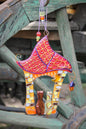 Handmade Pair of Cats in a House with a Tiled Roof Glass Decoration - Two Cats on House Threshold with Yellow Lantern and Red Tiled Roof under Moon, Light Green, 18 cm