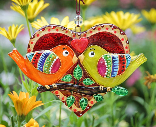 Birds in Love on Heart Glass Wall Art - Handmade, Romantic Decor, 12 cm - Now