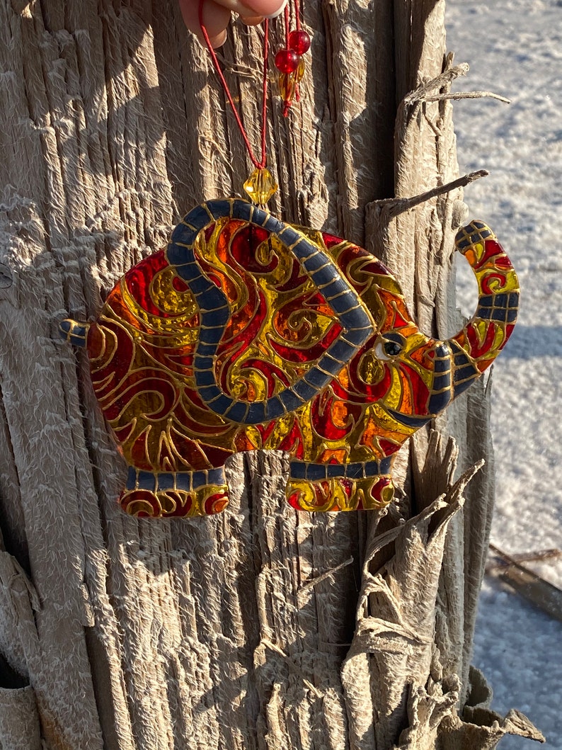 Elephant Symbol of Wisdom Glass Artwork - Hand-Painted, Personalized Home Decoration, Yellow & Orange, 15 cm - Now