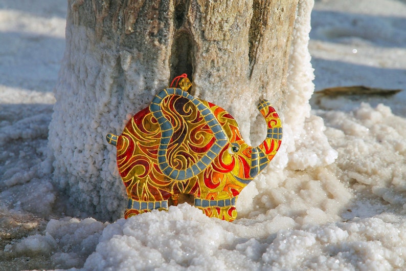 Elephant Symbol of Wisdom Glass Artwork - Hand-Painted, Personalized Home Decoration, Yellow & Orange, 15 cm - Now