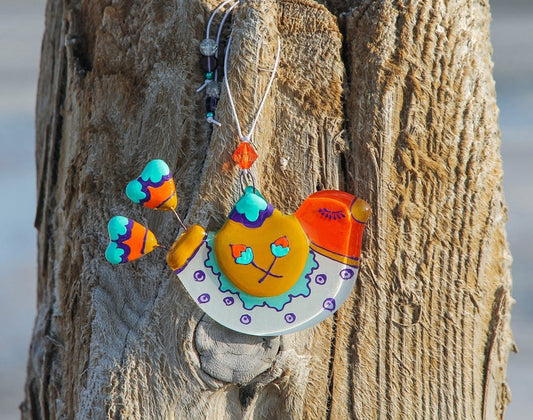 Funny Bird Glass Wall Art Hanging in White