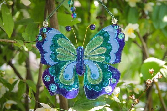 Elegant Blue Butterfly Glass Wall Art - Handmade, Personalized Decor, 14 cm - Now