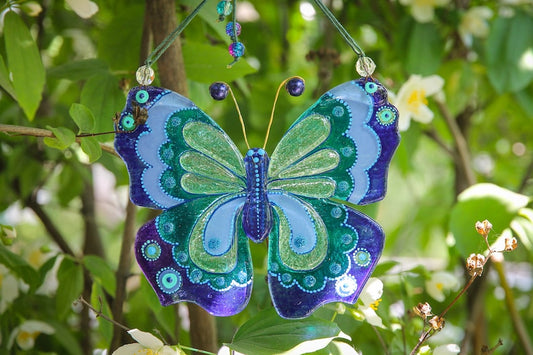 Elegant Blue Butterfly Glass Wall Art - Handmade, Personalized Decor, 14 cm - Now