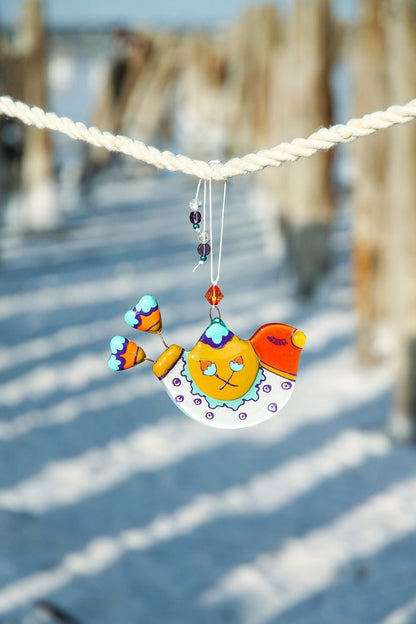 Funny Bird Glass Wall Art Hanging in White