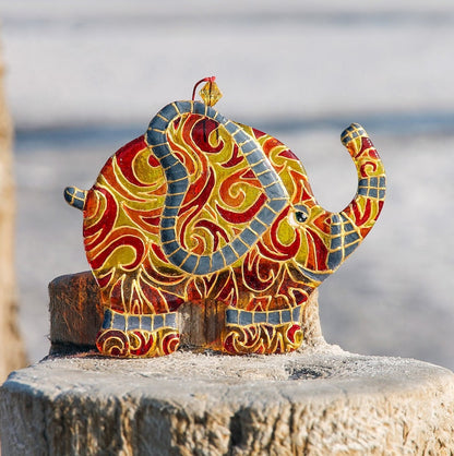 Elephant Symbol of Wisdom Glass Artwork - Hand-Painted, Personalized Home Decoration, Yellow & Orange, 15 cm - Now
