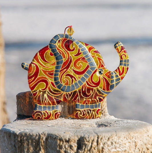 Elephant Symbol of Wisdom Glass Artwork - Hand-Painted, Personalized Home Decoration, Yellow & Orange, 15 cm - Now