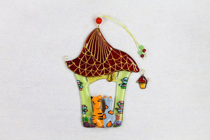 Handmade Pair of Cats in a House with a Tiled Roof Glass Decoration - Two Cats on House Threshold with Yellow Lantern and Red Tiled Roof under Moon, Light Green, 18 cm