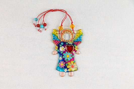 Guardian Angel of Love with Red Heart Glass Wall Art in Fiery Red - Handmade Fused-Glass Decor with Vibrant Colors and Intricate Patterns