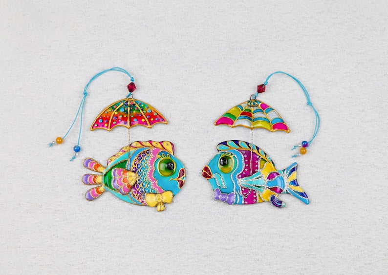 Playful 'Fish with Umbrella' Glass Fused Wall Art - Handmade, Personalized Decor, Blue, 12 cm - Now