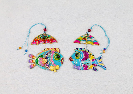 Playful 'Fish with Umbrella' Glass Fused Wall Art - Handmade, Personalized Decor, Blue, 12 cm - Now