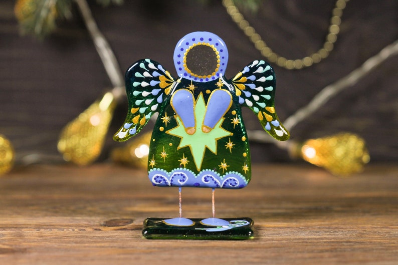 Solar, Lunar, and Star Glass Guardian Angels on a Stand, 11 cm.