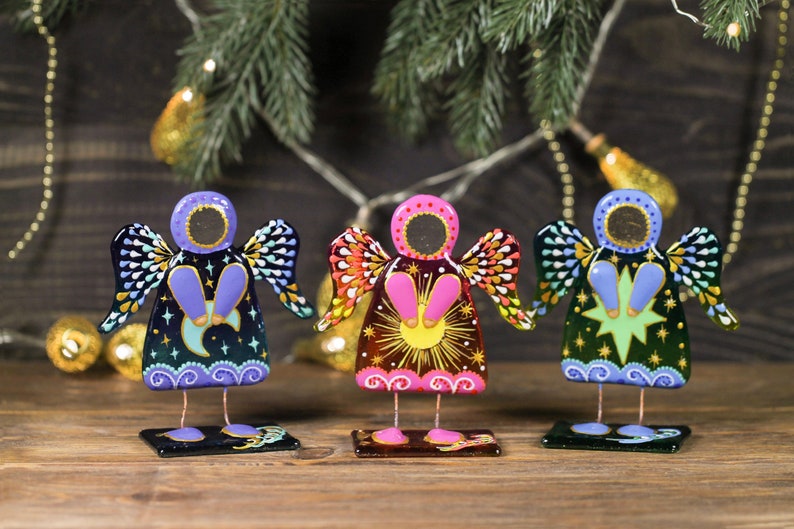 Solar, Lunar, and Star Glass Guardian Angels on a Stand, 11 cm.