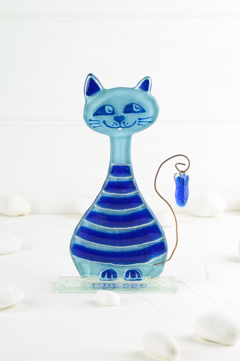 Playful Cute Cat with Fish on Stand Glass Art - Handmade, Personalized Decor, 17 cm - Now