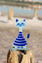 Playful Cute Cat with Fish on Stand Glass Art - Handmade, Personalized Decor, 17 cm - Now