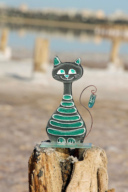 Playful Cute Cat with Fish on Stand Glass Art - Handmade, Personalized Decor, 17 cm - Now