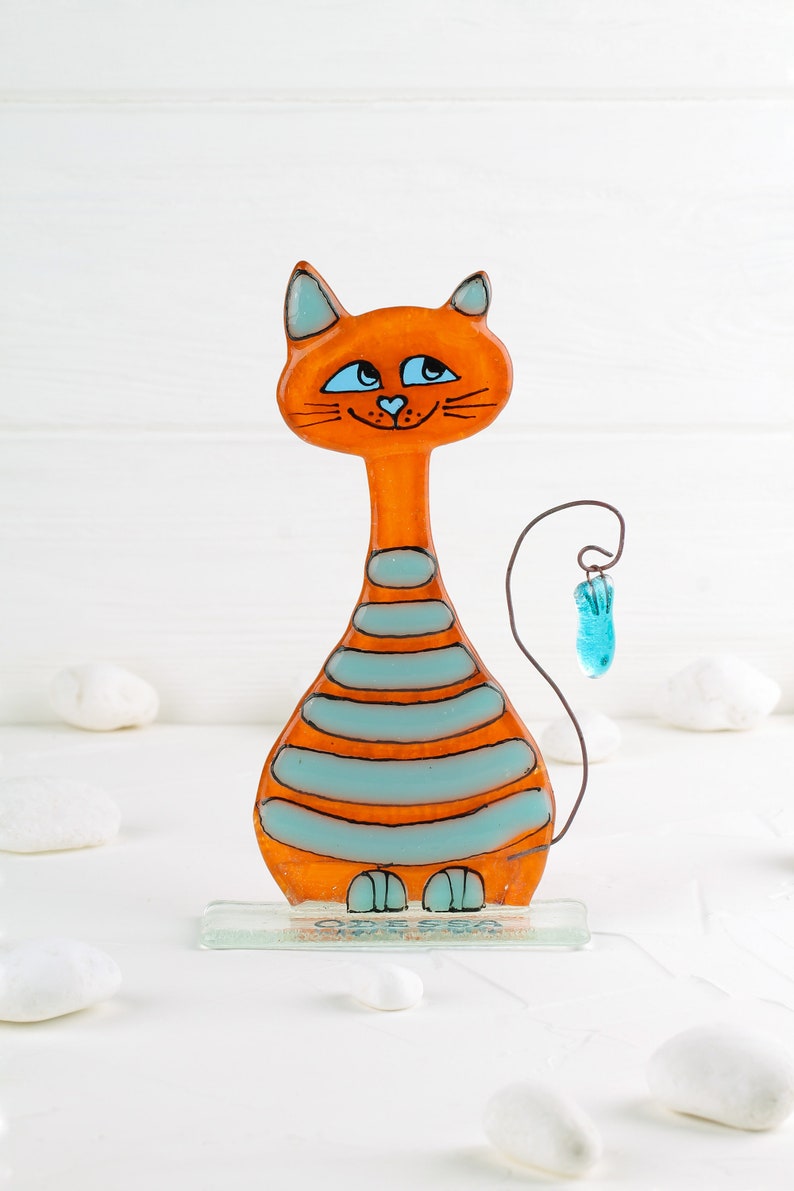 Playful Cute Cat with Fish on Stand Glass Art - Handmade, Personalized Decor, 17 cm - Now