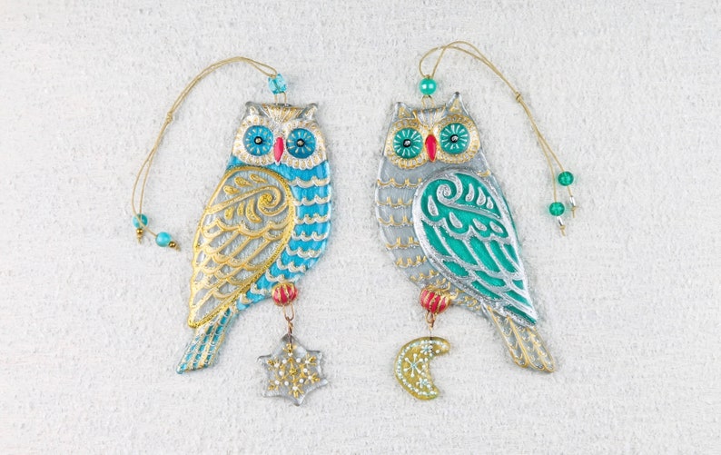 Pair of Wise Owls with Sun and Moon Symbols Glass Artwork - Hand-Painted, Personalized Home Decoration, Blue & Mint, 20 cm - Now