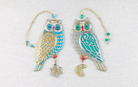 Pair of Wise Owls with Sun and Moon Symbols Glass Artwork - Hand-Painted, Personalized Home Decoration, Blue & Mint, 20 cm - Now